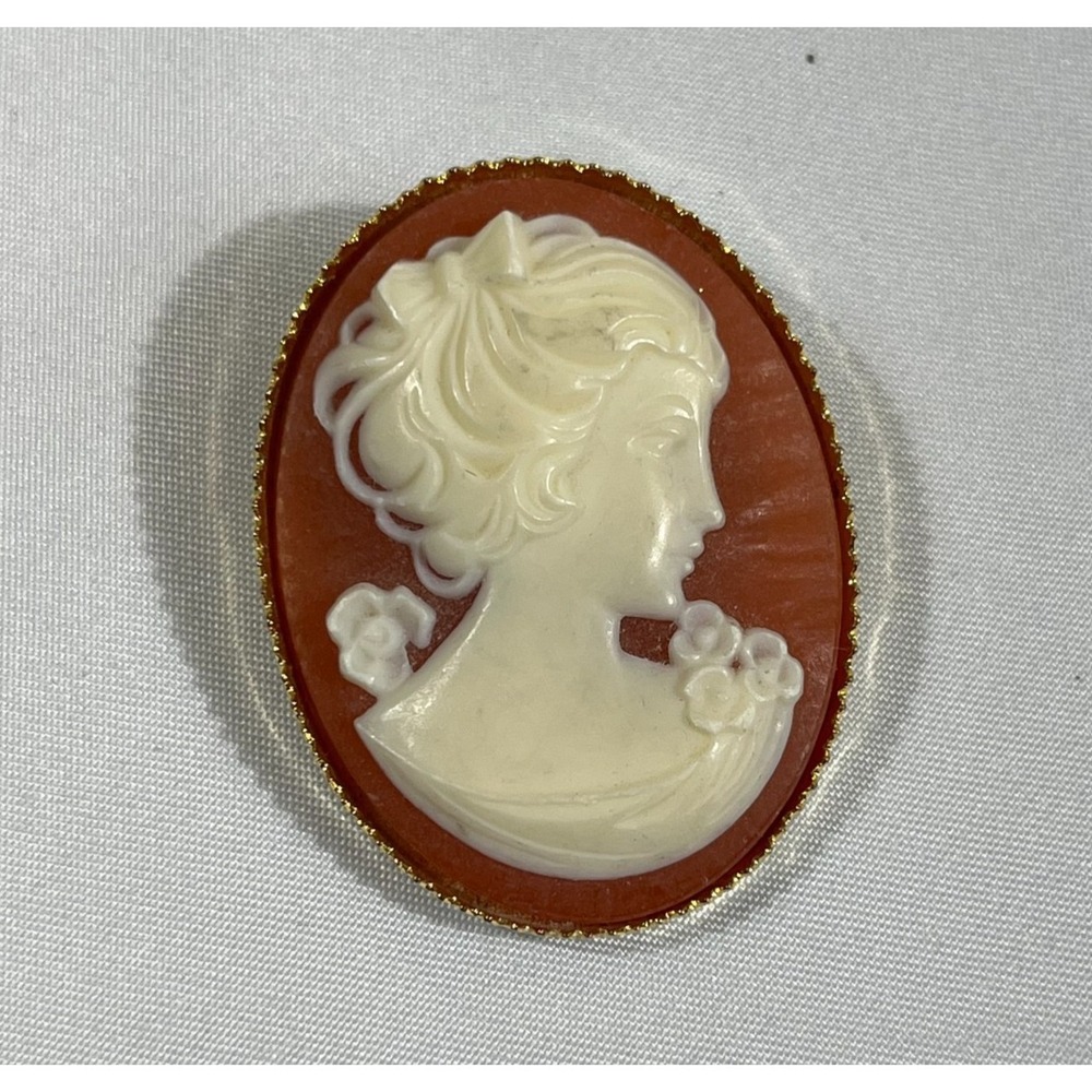 Vintage Cameo Brooch Pin Terracotta Orange Cream Cottagecore Coquette Jewelry